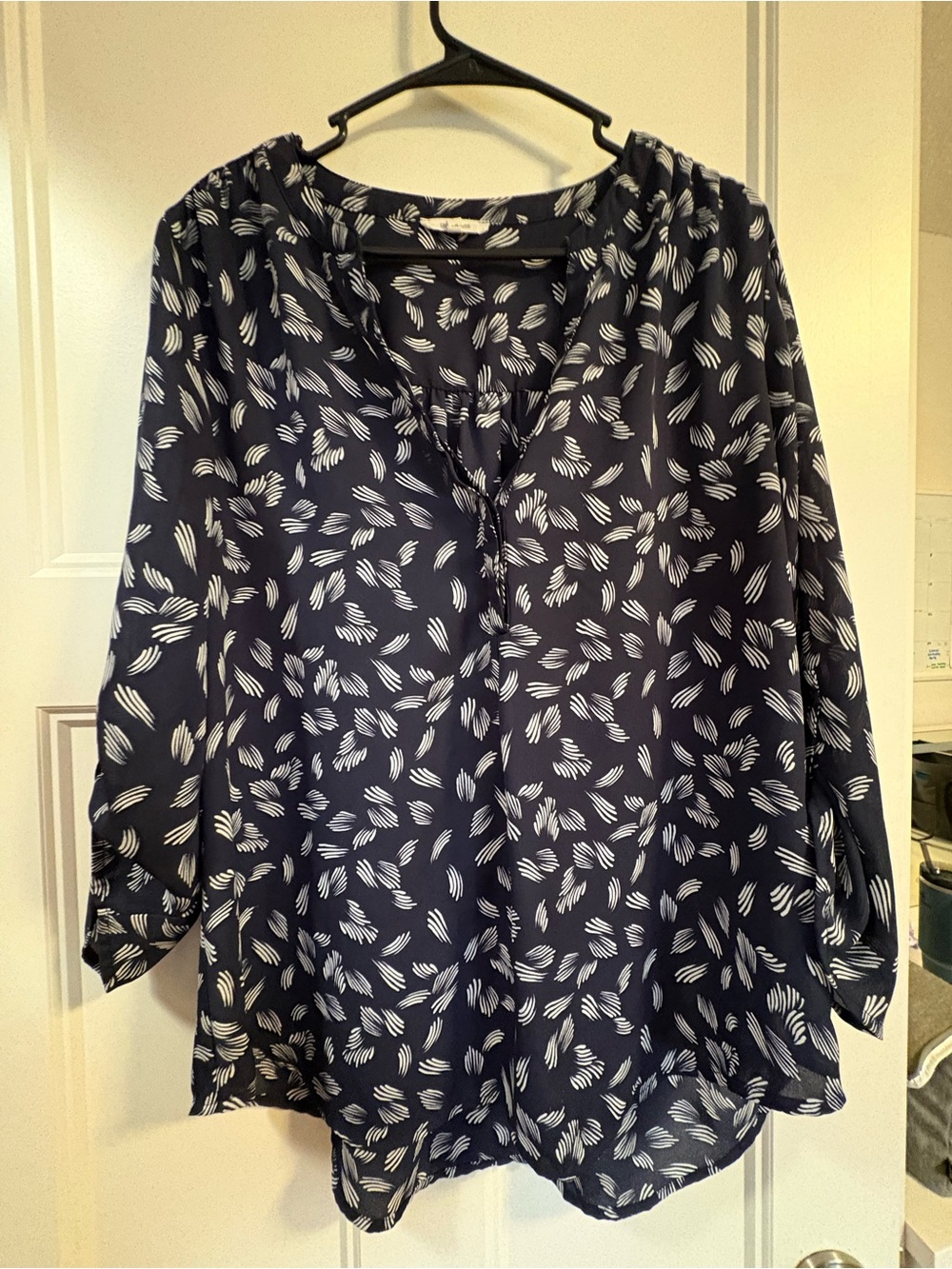 Maurices Navy Blue Printed V-Neck Peasant Blouse